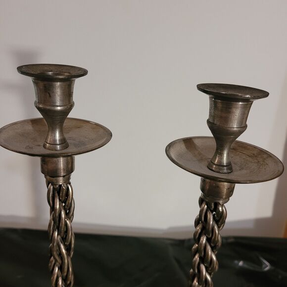 Pair Of Braidef Twisted Silver Color Candlestick Holders 14.5" Tall - Picture 2 of 9